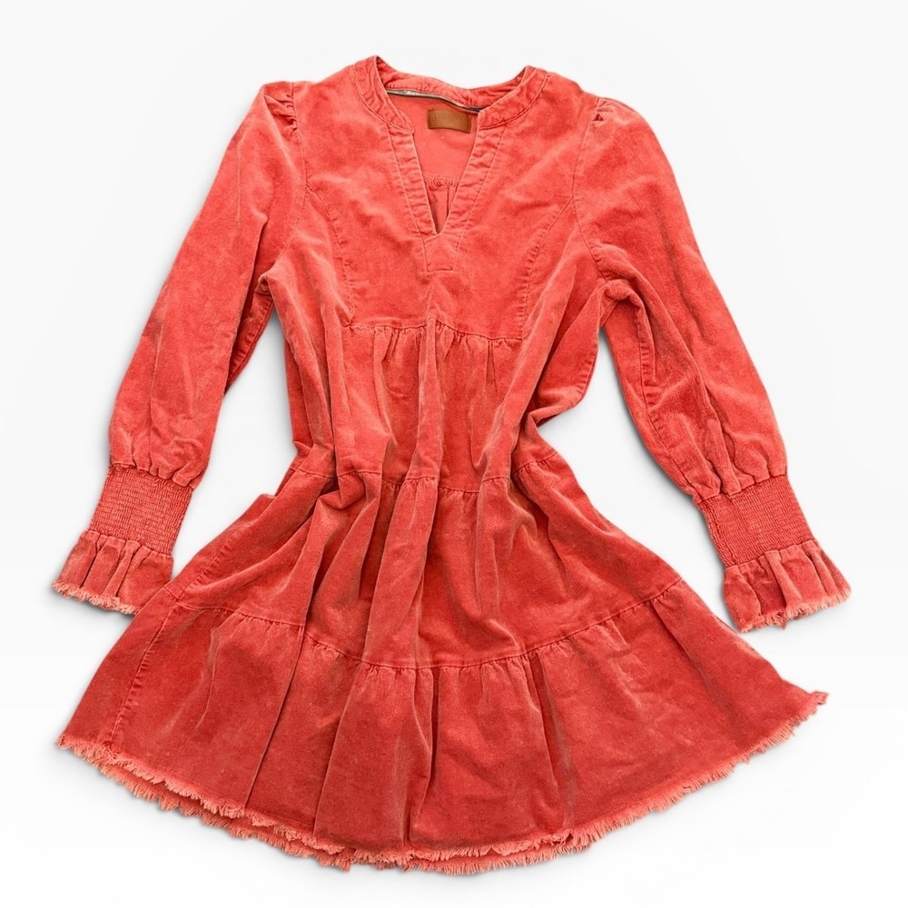 Umgee Coral Pink Corduroy Tiered Mini Dress Smocked Sleeve Boho Frayed Hem Small